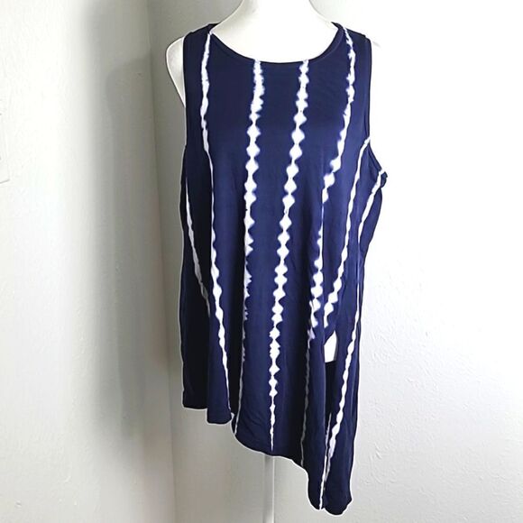 Chaps Aysemetrical Tie-dyed Top, Navy Blue with White Vertical Lines, Size XL - Picture 2 of 8